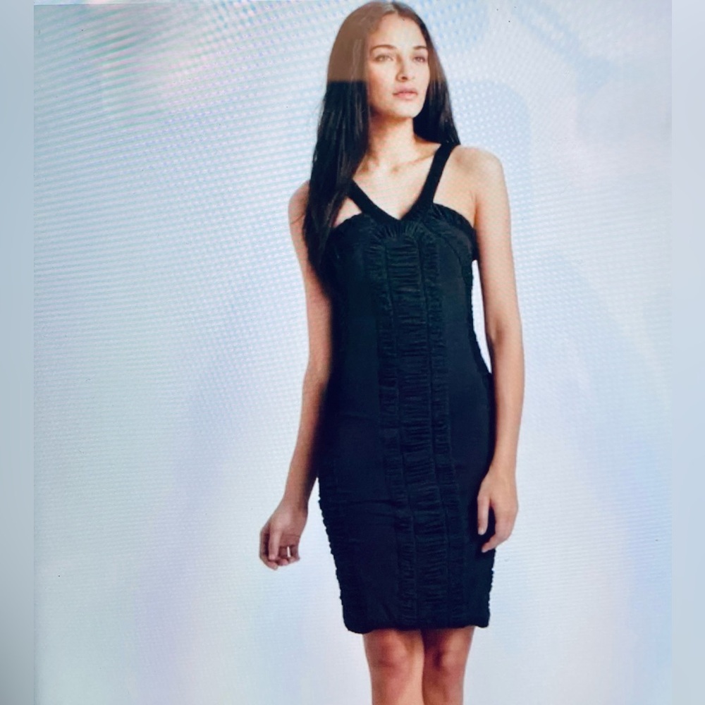 Anthropologie Clingy Stretch Black Club Dress Mini/Midi V- Strap Halter SZ SMALL